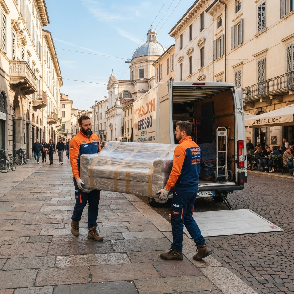 Traslocatori in divisa arancione e blu che caricano un divano su un furgone a Brescia